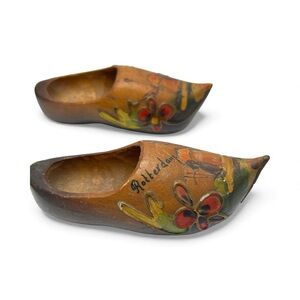 Vintage Miniature Wooden Dutch Clogs Hand Painted Rotterdam Souvenir Decor